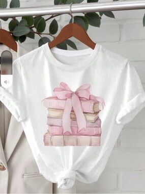 SHEIN White Tee with Pink Stack of Books Graphic